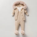 Cozy Cable Knit Baby Hooded Romper with Faux Fur Trim- Blue(3-12 months)