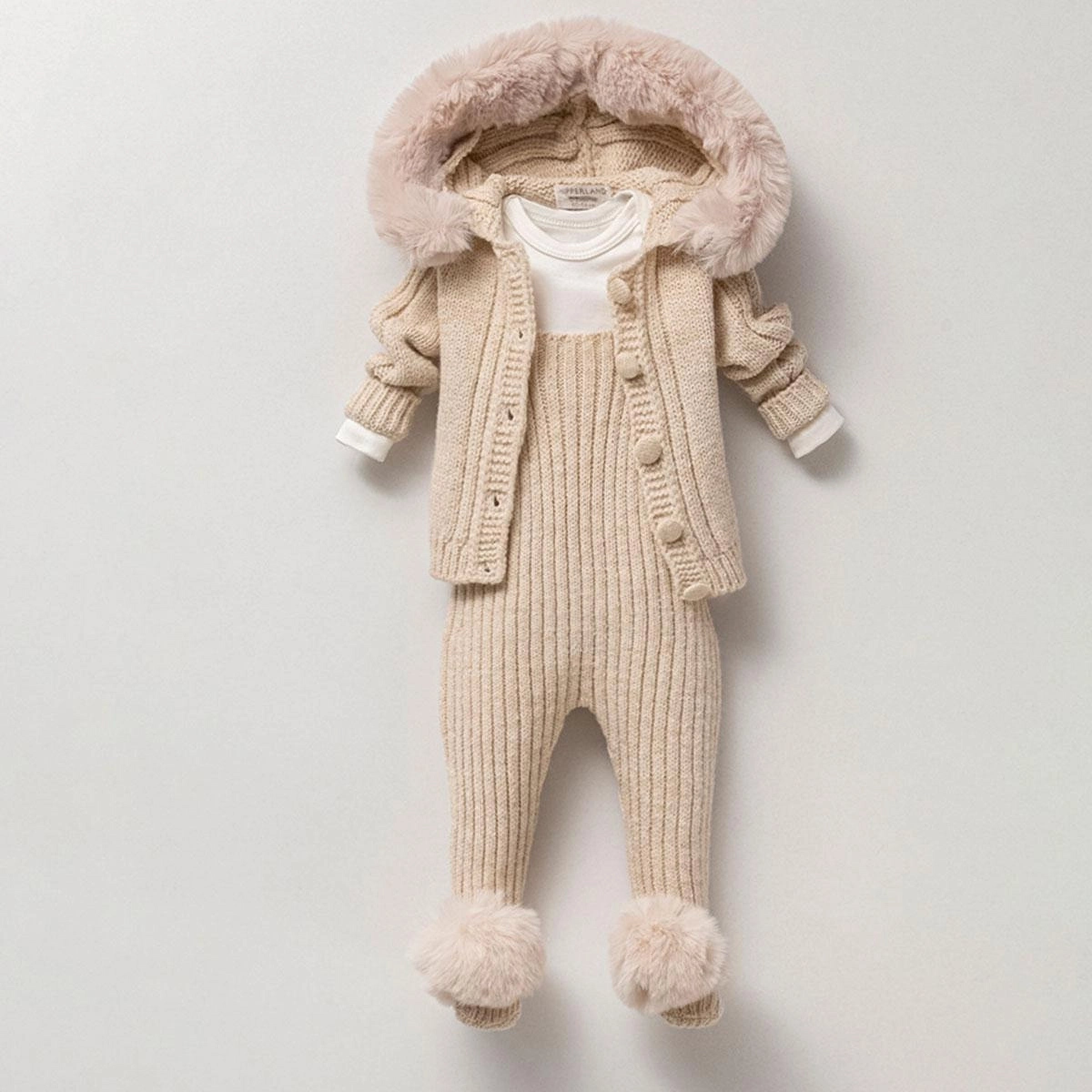 Cozy Cable Knit Baby Hooded Romper with Faux Fur Trim- Blue(3-12 months)