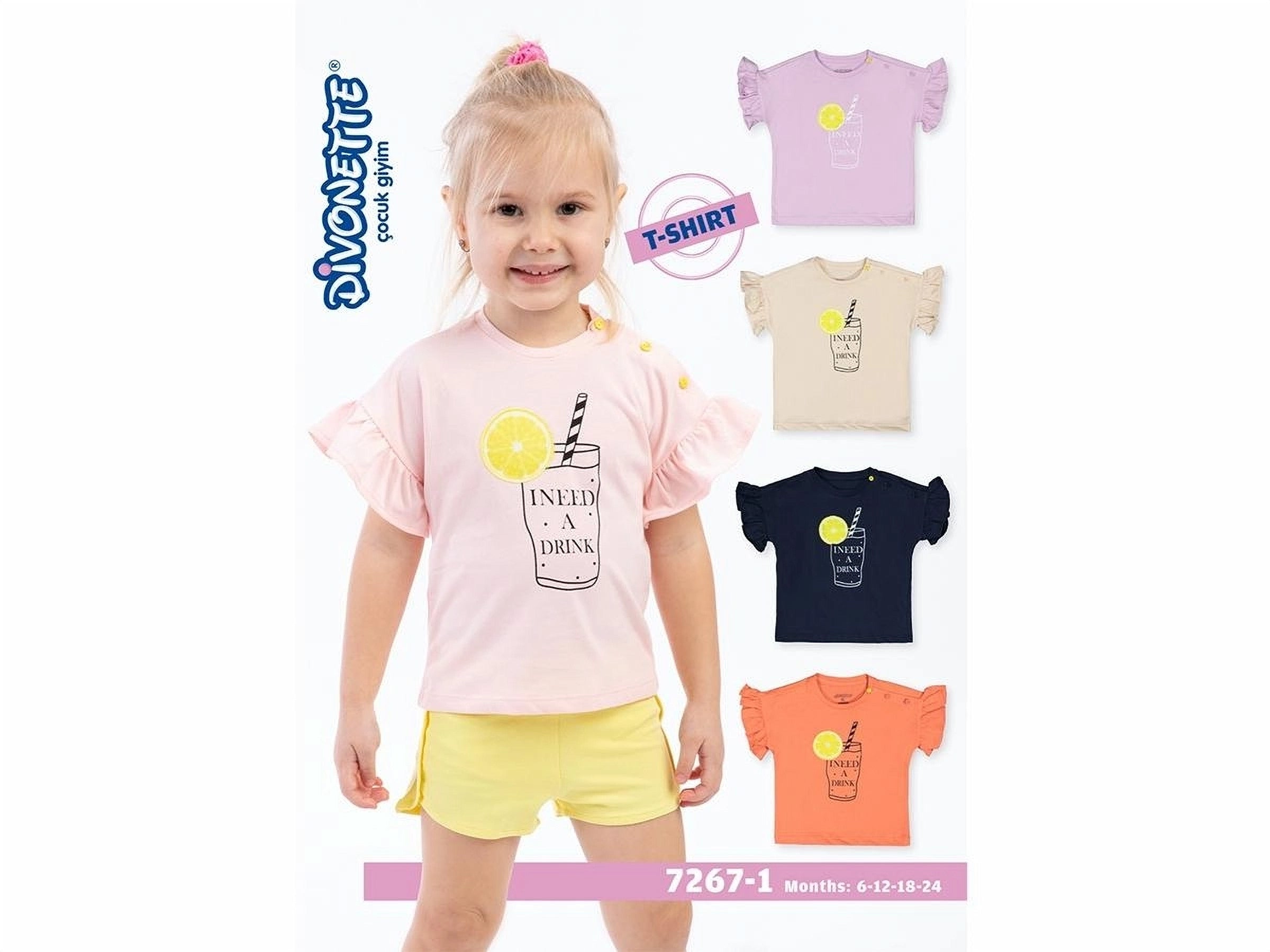 Divonette Girl's "I NEED A DRINK" Graphic Cotton T-Shir - Lacivert (6-24 months)