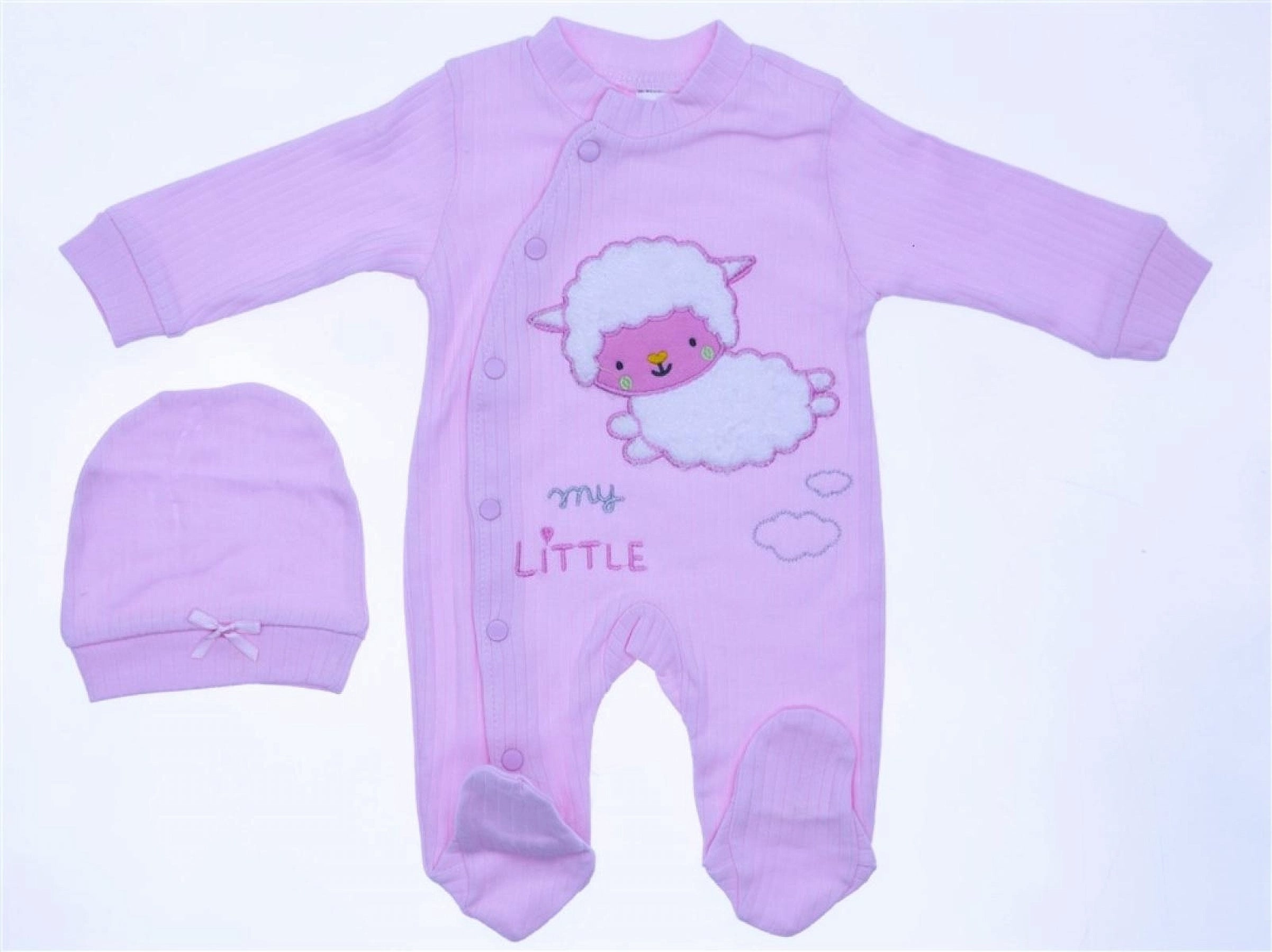 "My Little" Sheep Embroidered Lavender Baby Sleepsuit & Beanie set- (0-6 months)