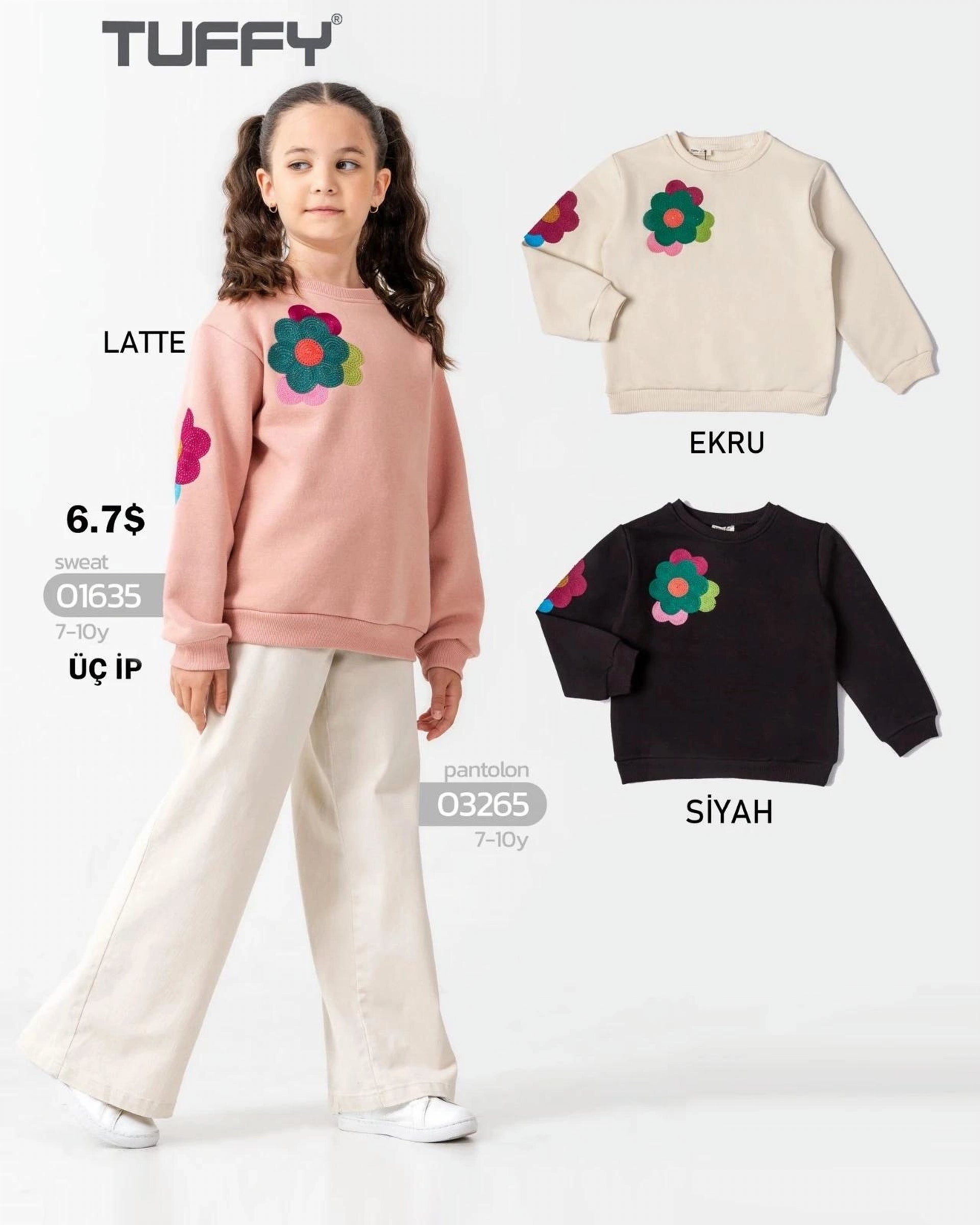 Tuffy "LATTE" Floral Applique Girls' Sweatshirt Set - Powder (7-10 years)