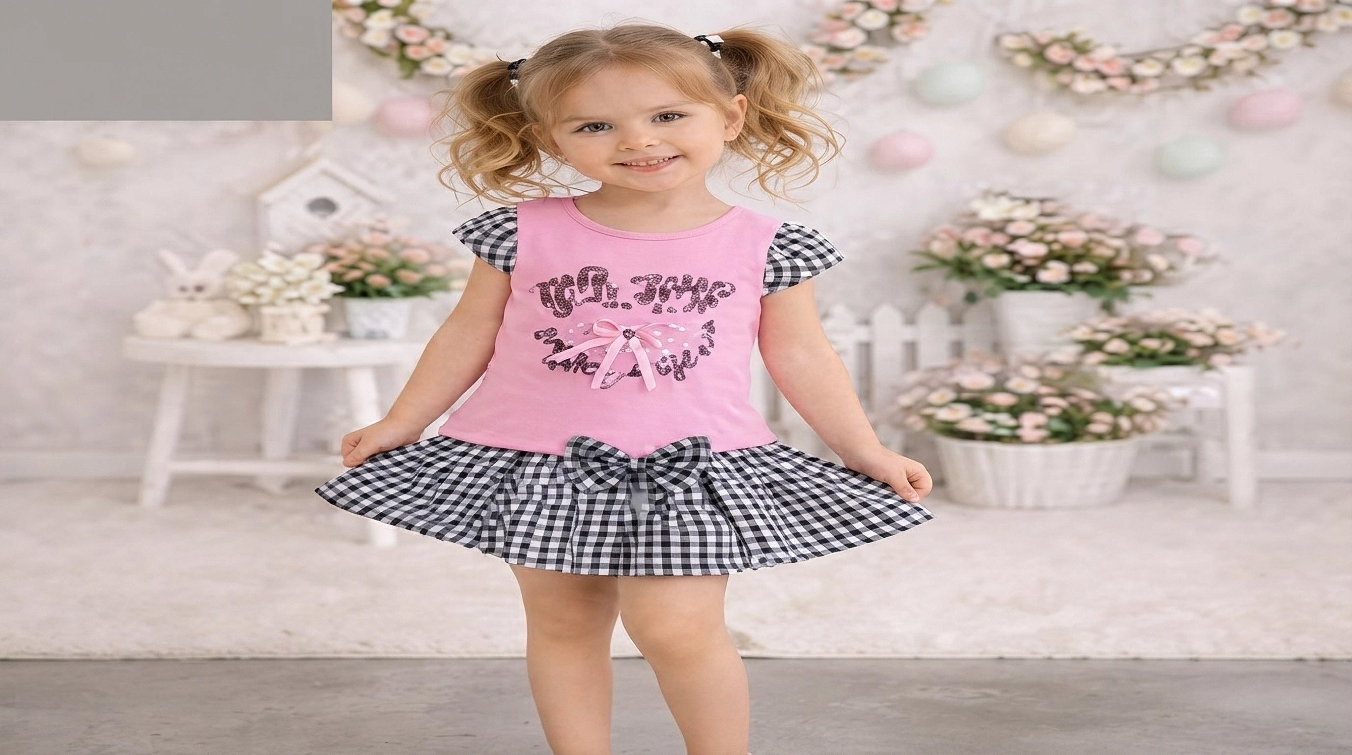 Girls' Pink Sleeveless Checkered Skirt Party Dress (2-3-4-5  years)