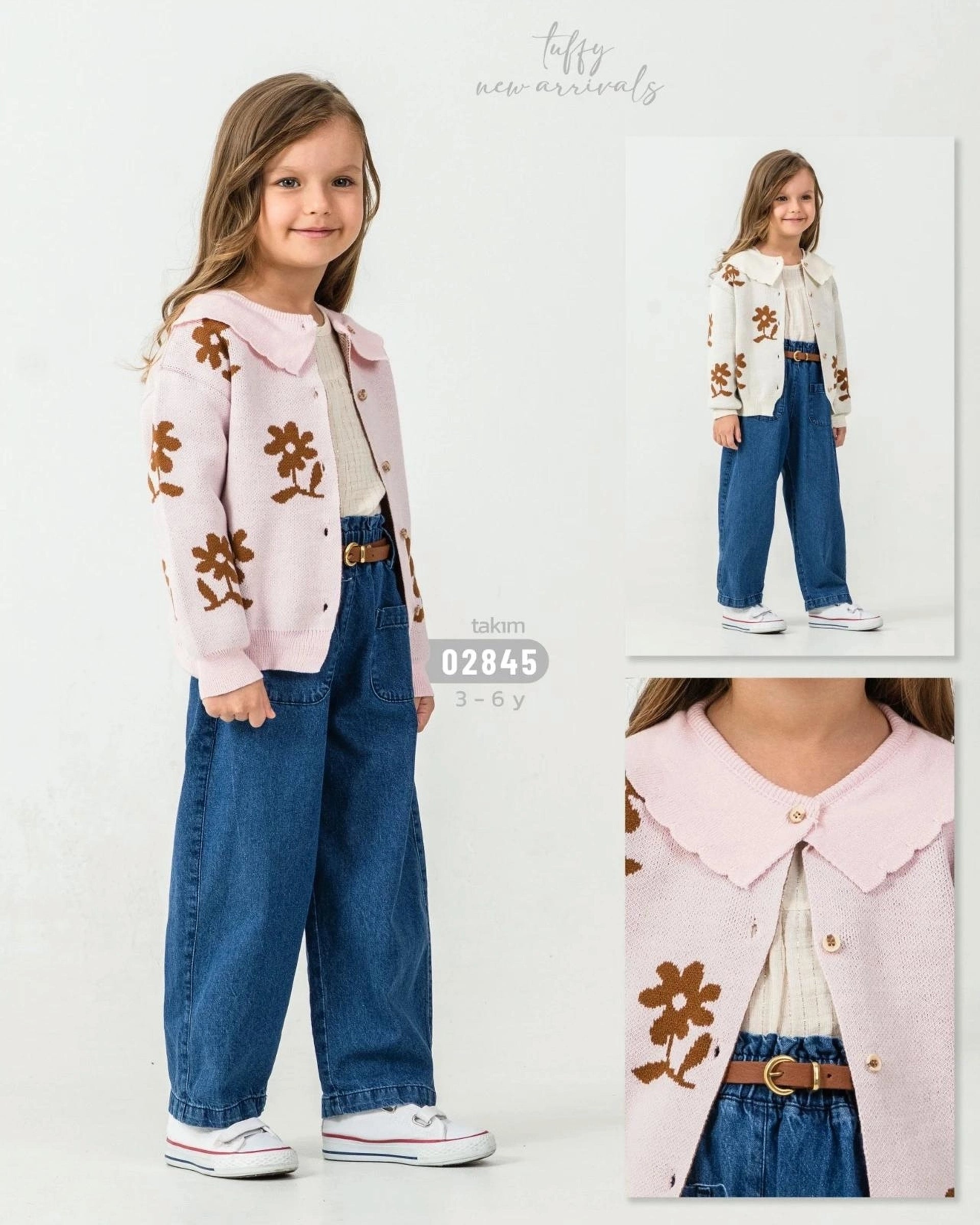 Girls' Floral Embroidered Blouse & Wide-Leg Denim Jeans Set - Pink (3-6 years)
