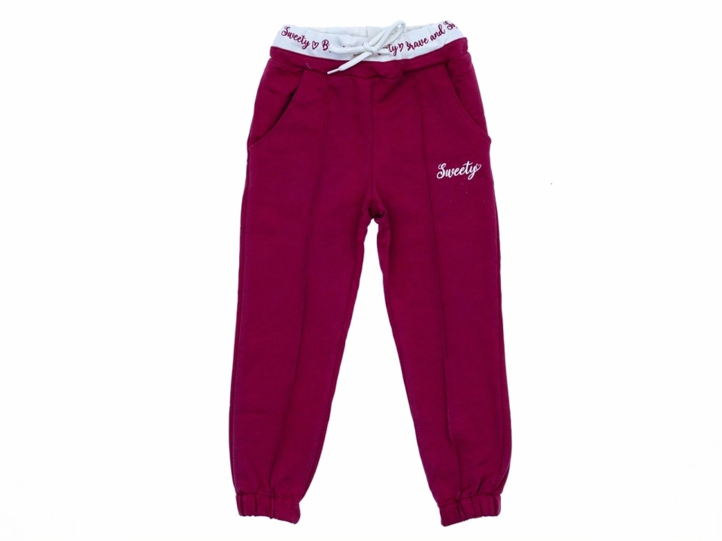 Girls' "Sweetie" Embroidered Fleece Joggers – Burgundy - Red  (5-8 years)