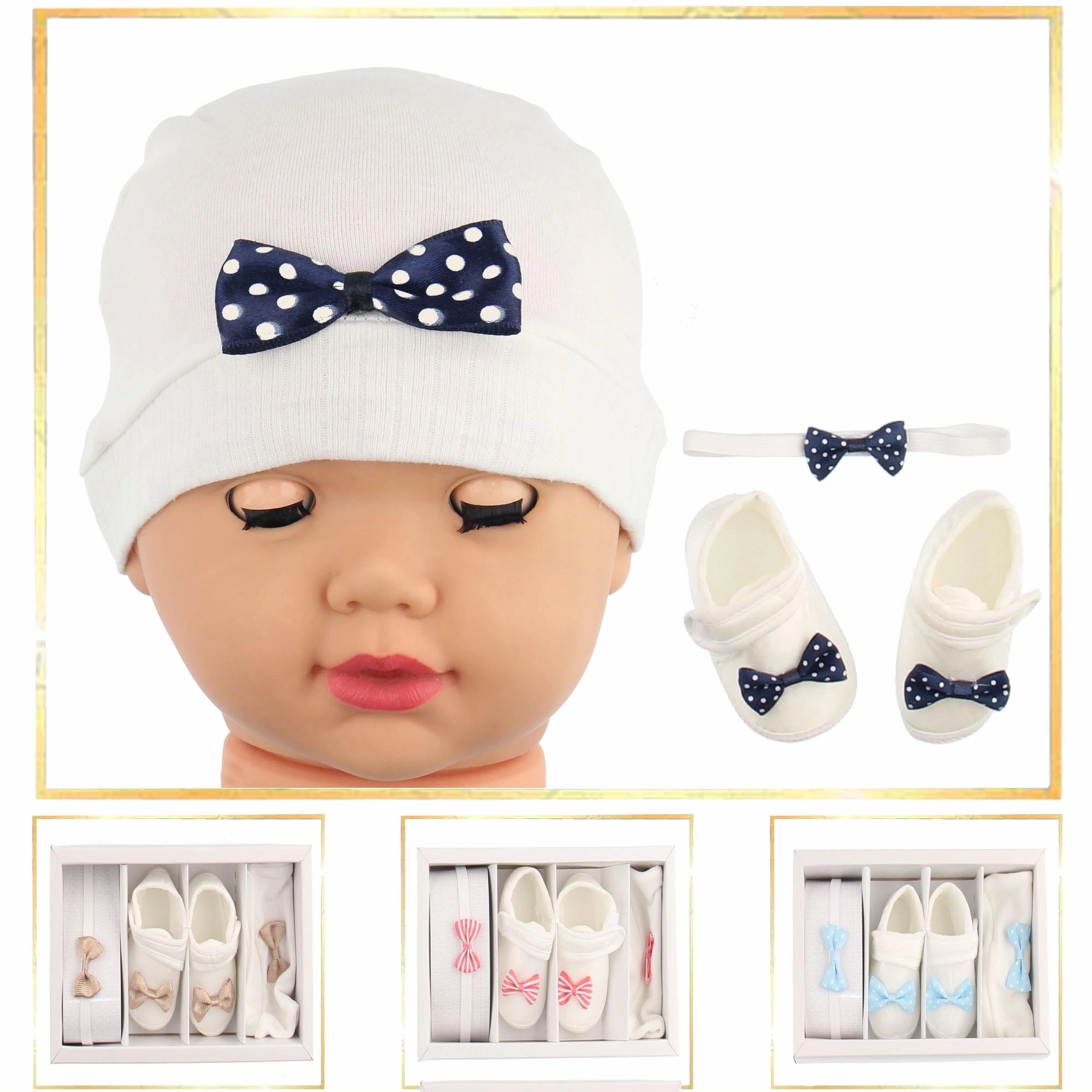 Newborn Baby Girl Cotton Beanie with Oversized Polka Dot Bow (0-24 months)