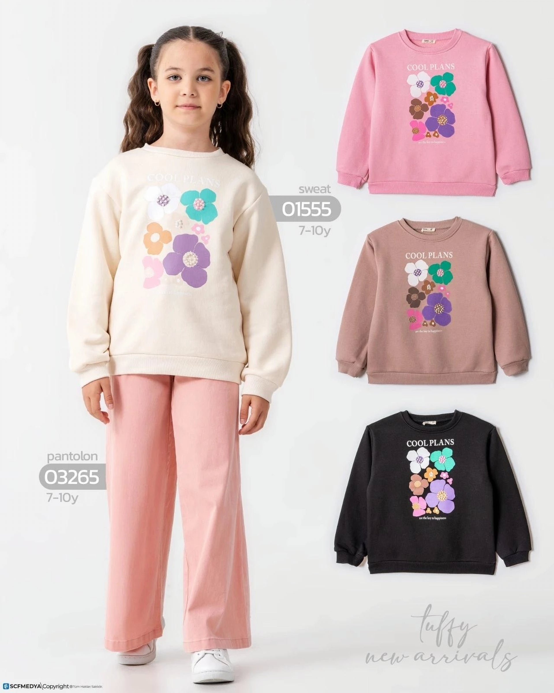 Tuffy "LATTE" Floral Applique Girls' Sweatshirt - White (7-10 years)