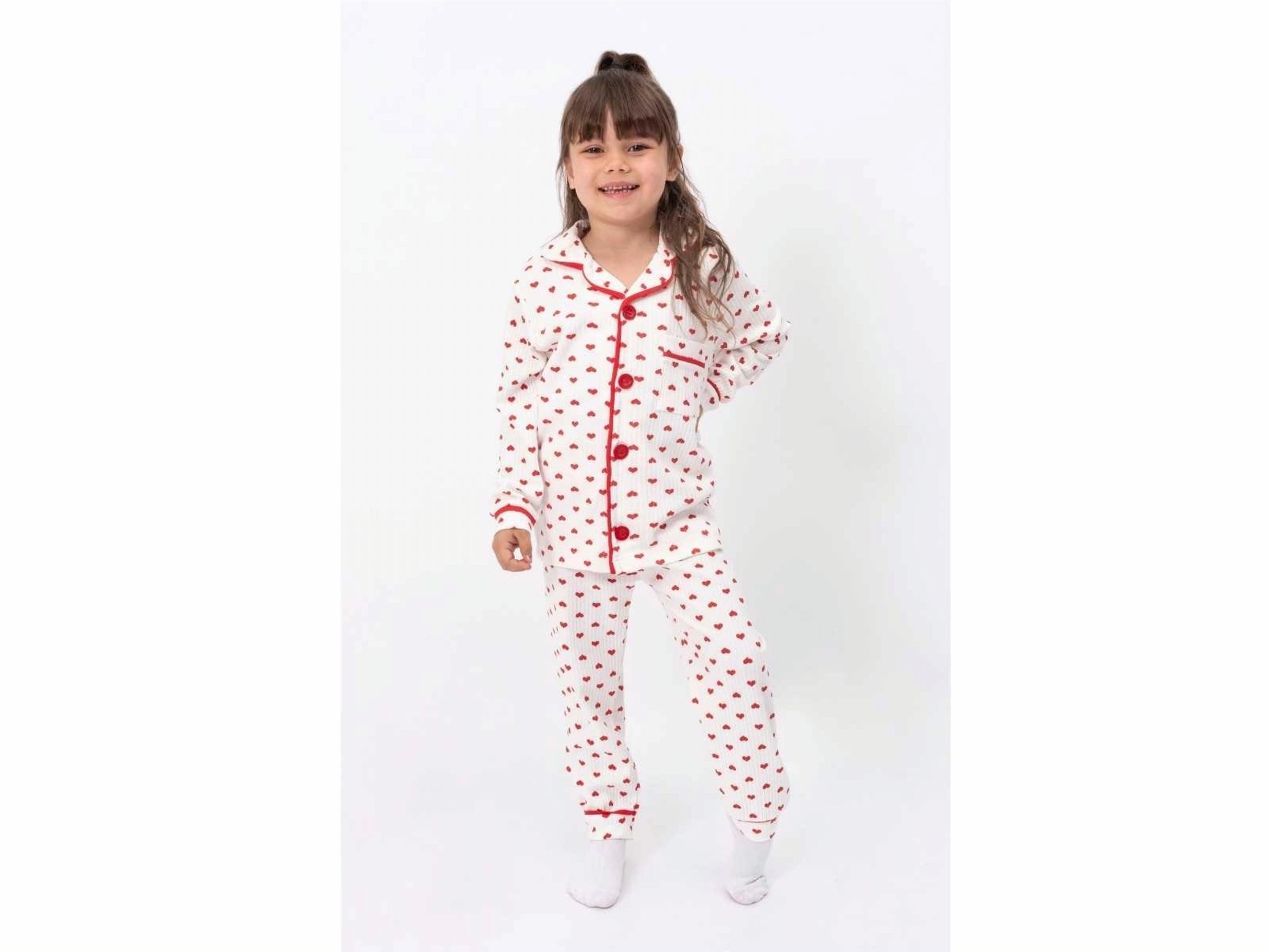 Girl's Red Heart Print Cotton Pajama Set - Red (3-6 years)