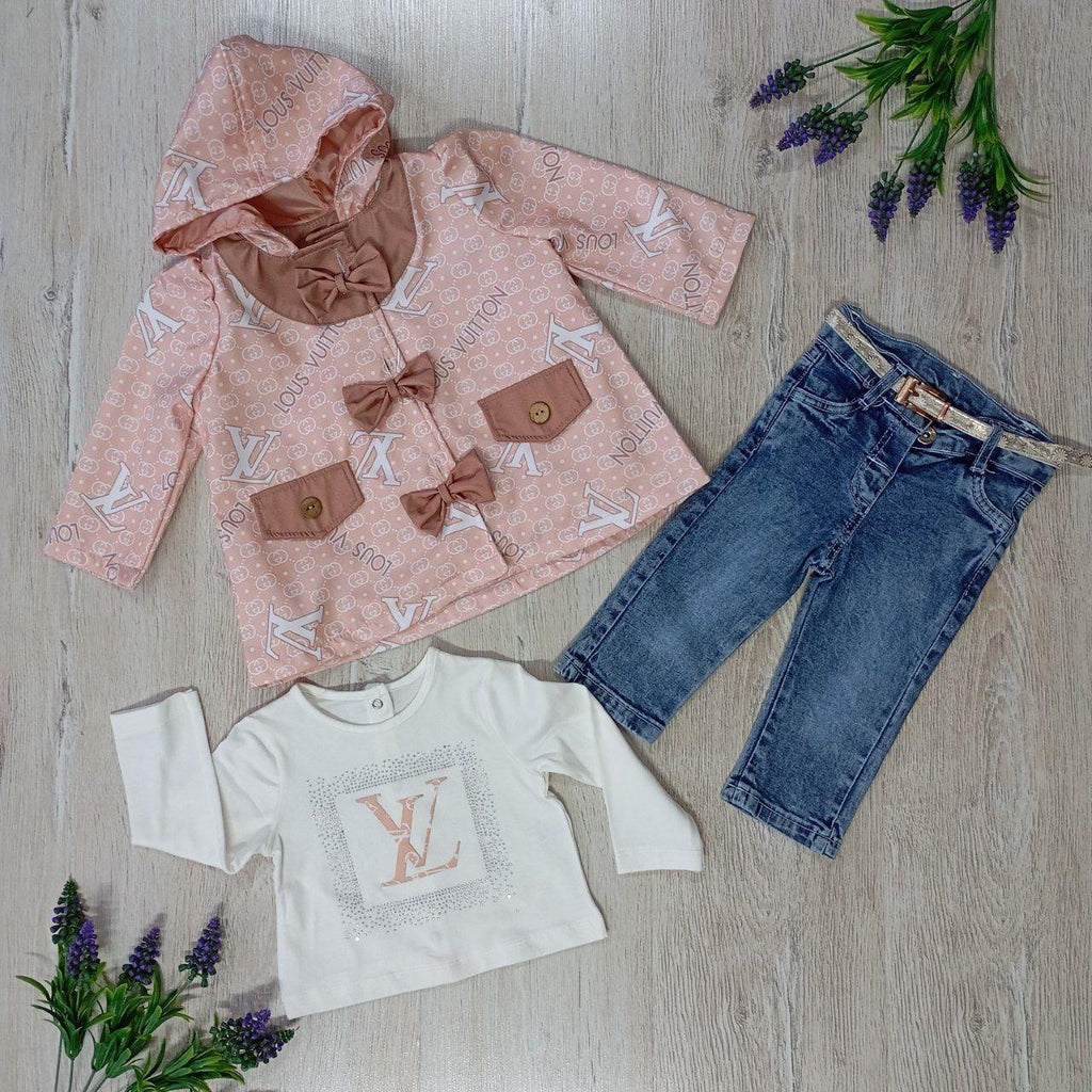 monogrammed hooded jacket with bows, a plain white long-sleeve shirt with a logo