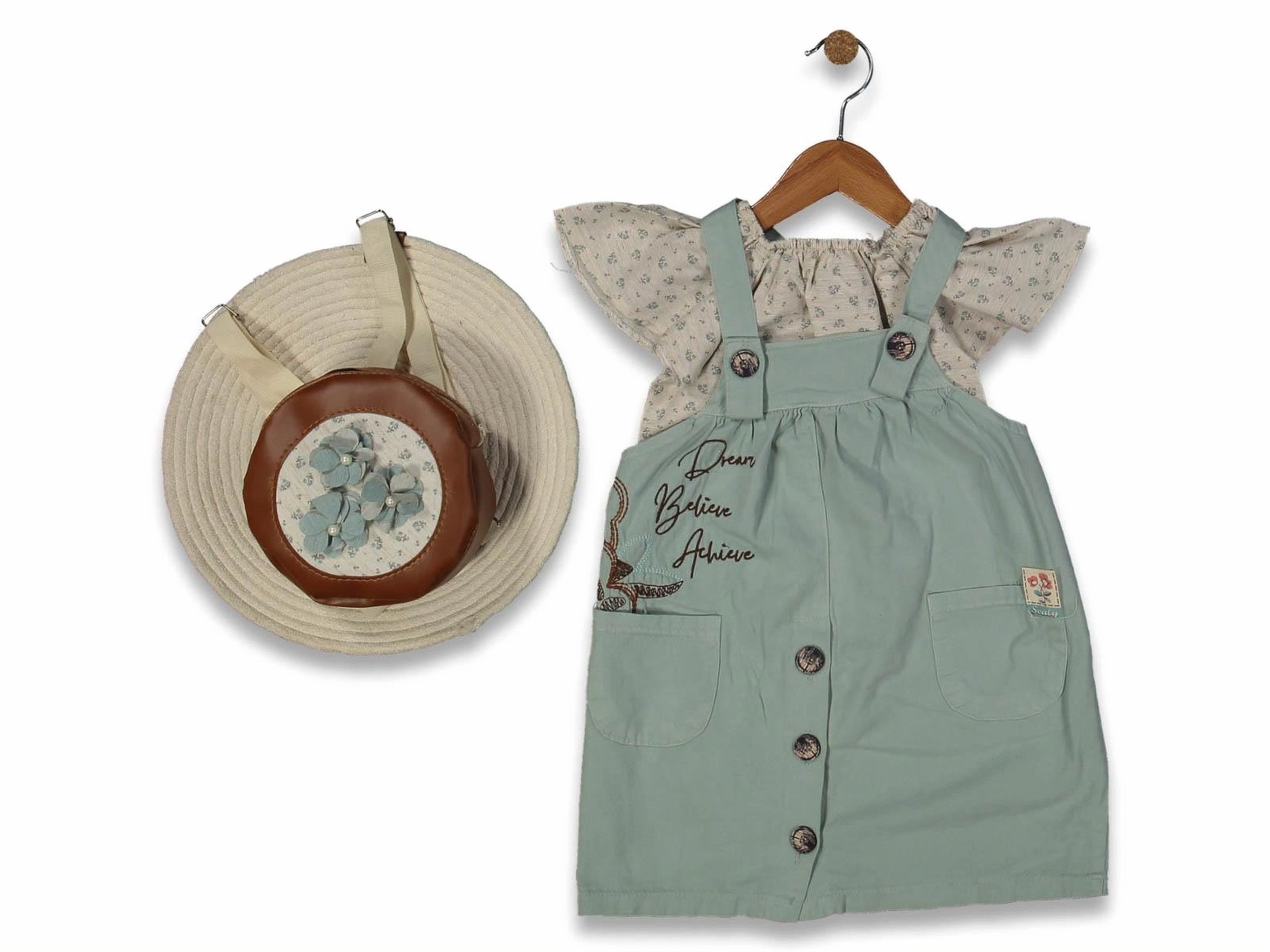 Embroidered Sage Green Pinafore Dress & Checkered Ruffle Top - Beige (3-6 years)