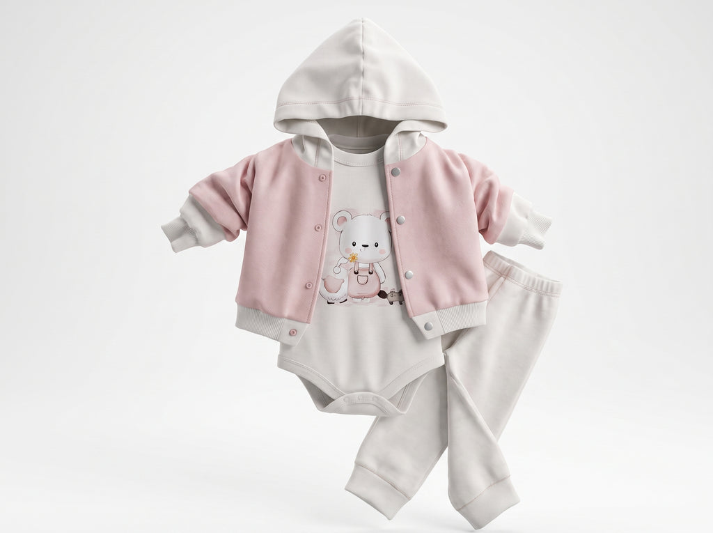 Cozy Bear Fleece Hooded Pramsuit - Soft Pink - Lilac (3-9 months)