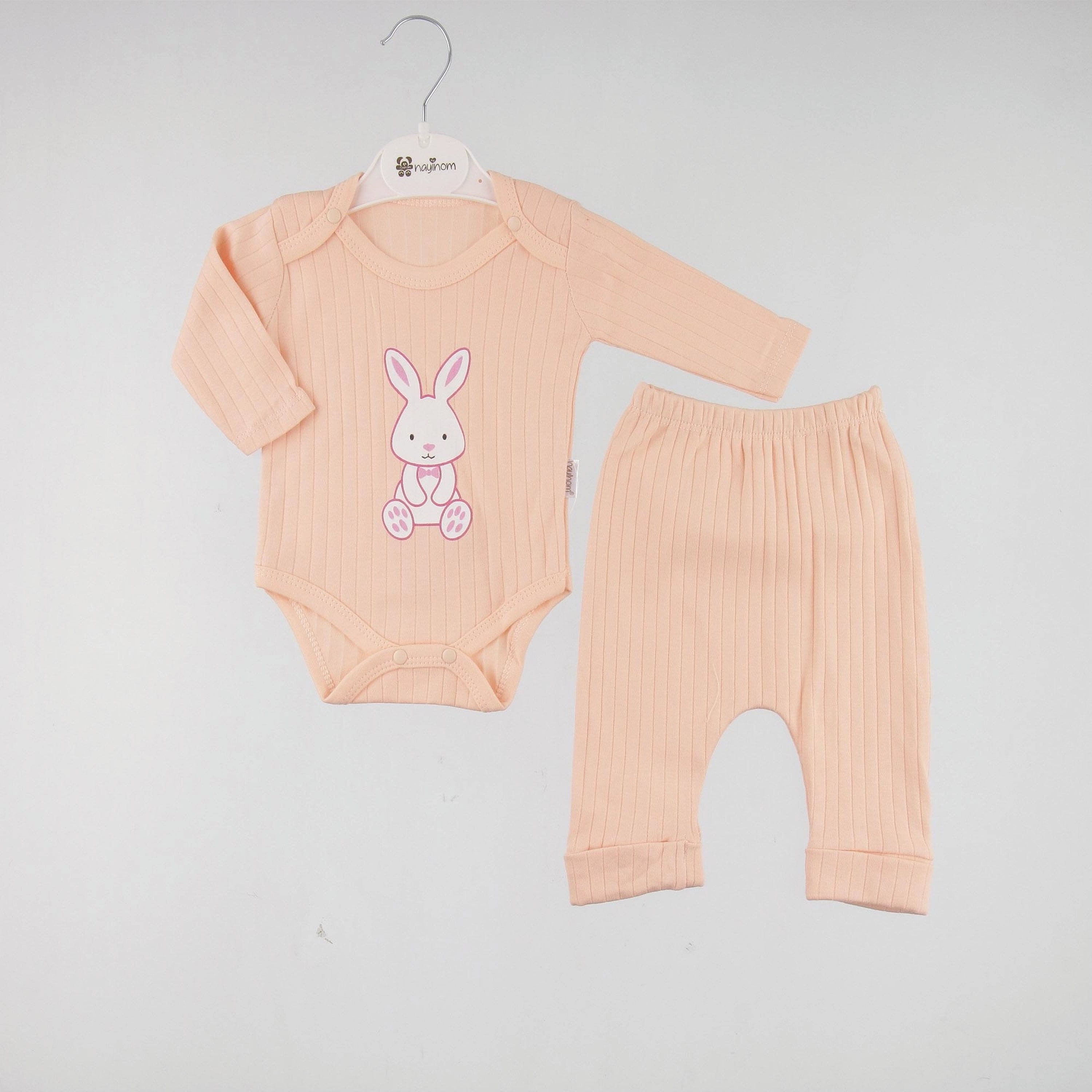 Long Sleeve Bunny Print Baby Bodysuit - Salmon (3-9 months)