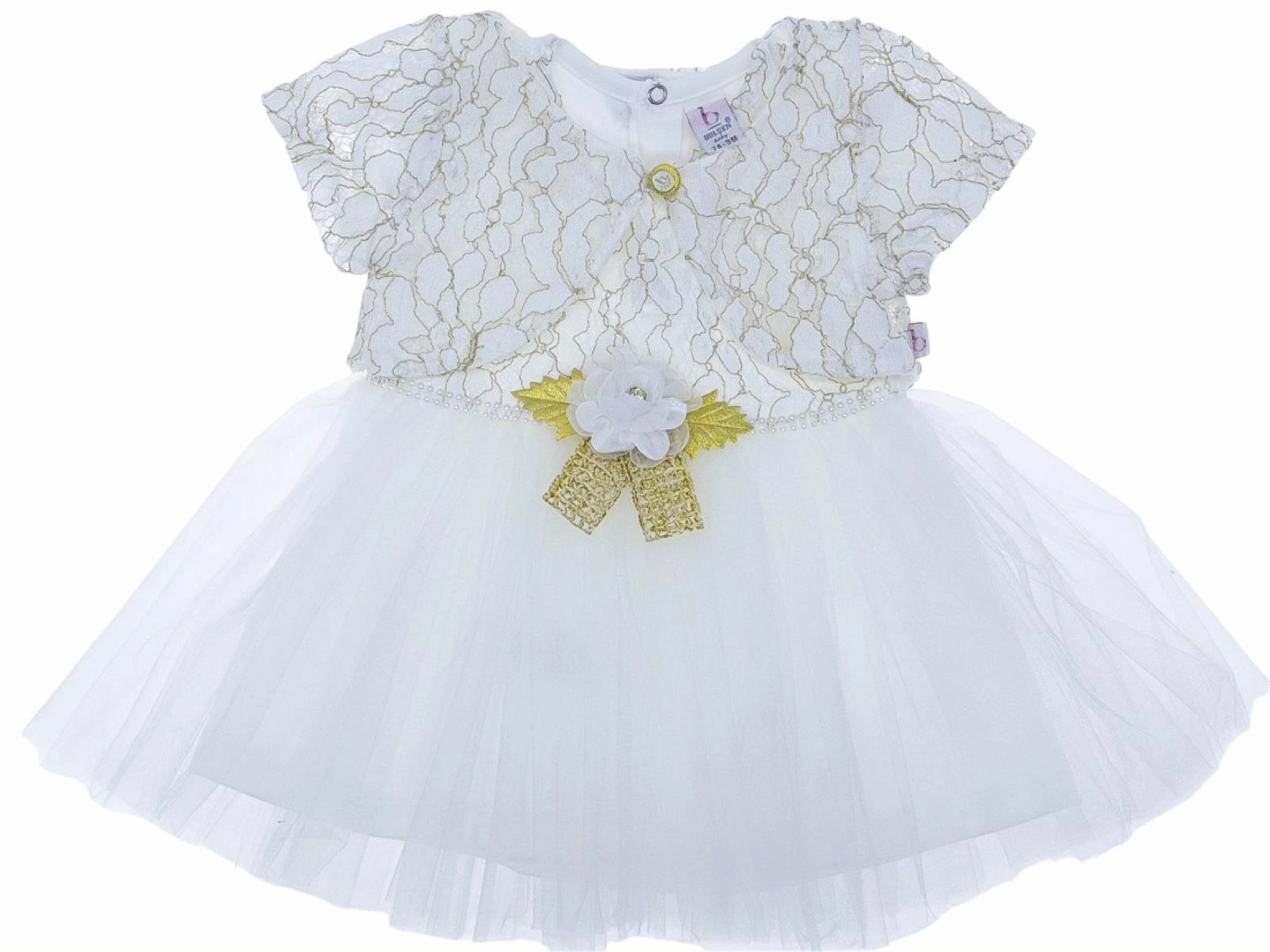 White Floral Lace & Tulle Occasion Dress with Gold Butterfly Accent(9-18 months)