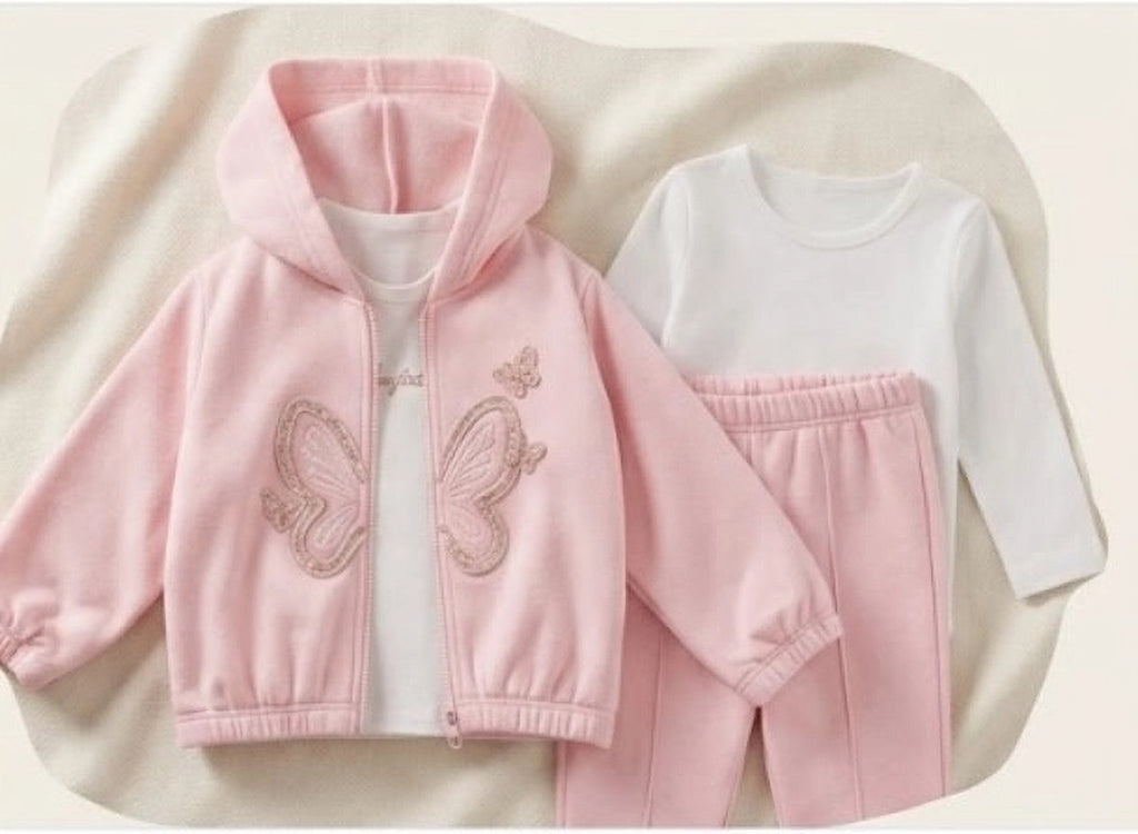 Baby Girl 3-Piece Butterfly Hoodie & Jogger Set - Pink (9-24 month)