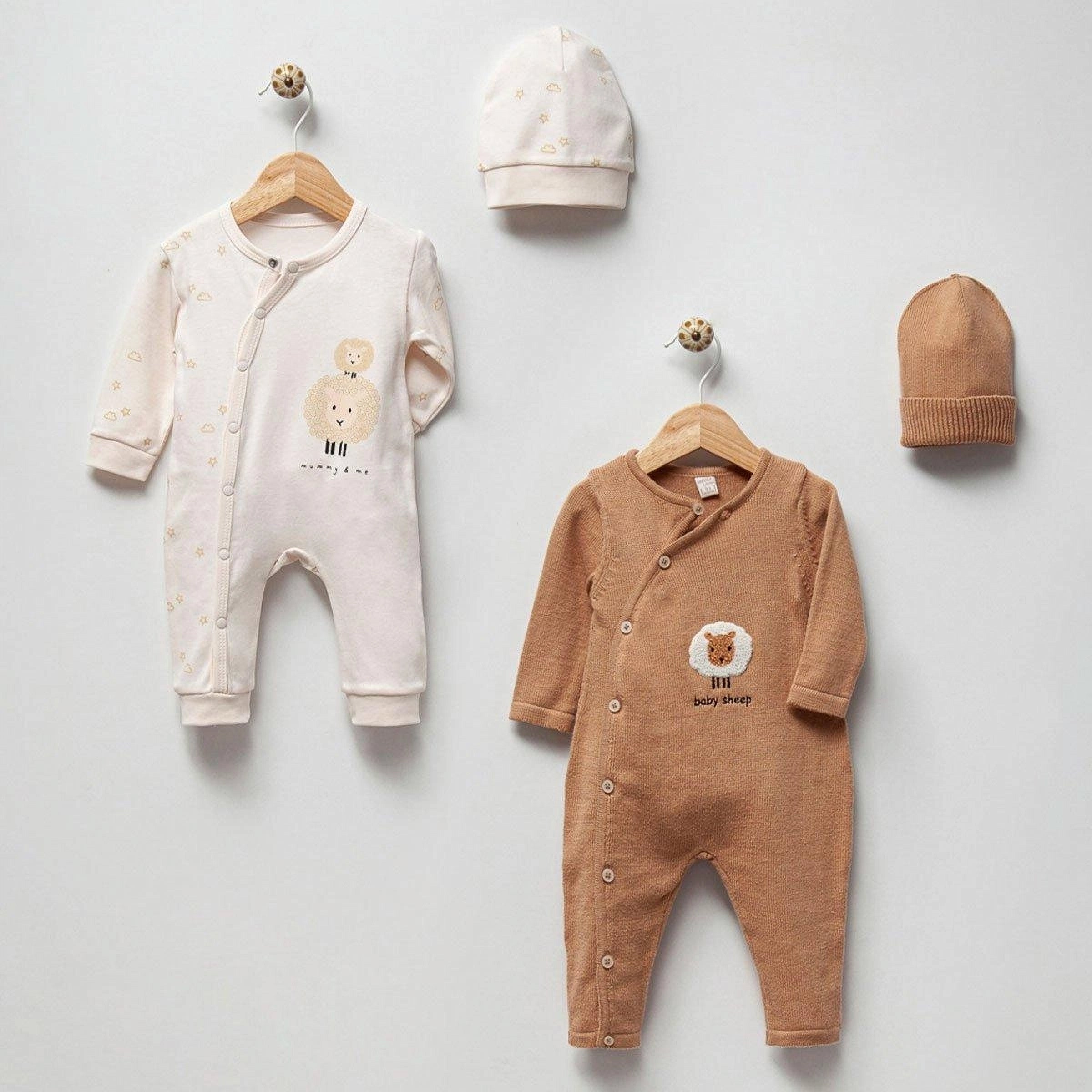 Cozy Ribbed Cotton Baby Romper – Baby Sheep Edition Set - Coffee (0-9 months)
