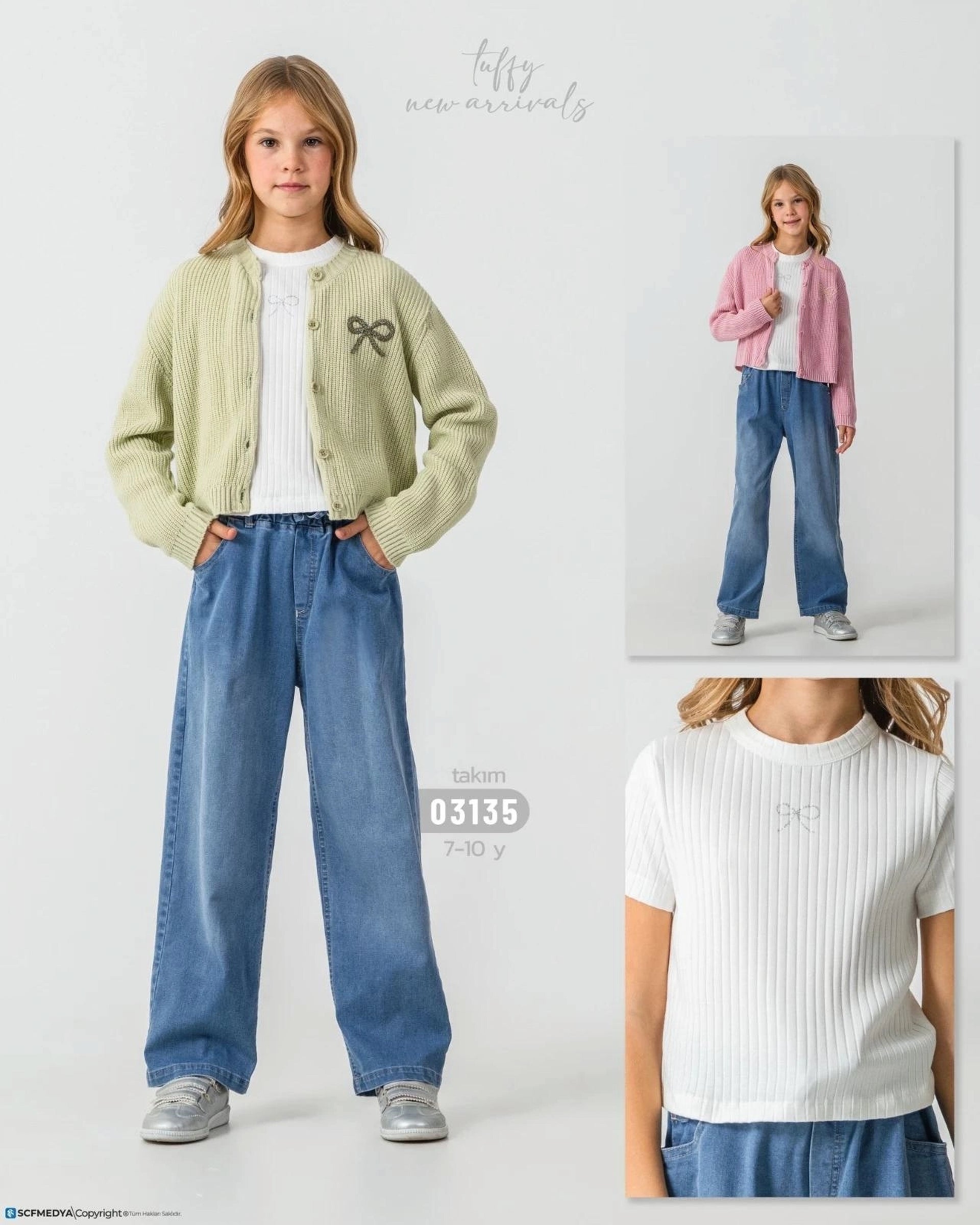Girls' Olive Floral Embroidered Top & Wide-Leg Denim Set  - Green (7-10 years)