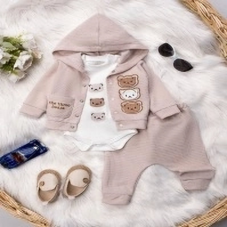Baby Bear 3-Piece Embroidered Fleece Hoodie, Vest & Joggers- Beige (3-12 months)