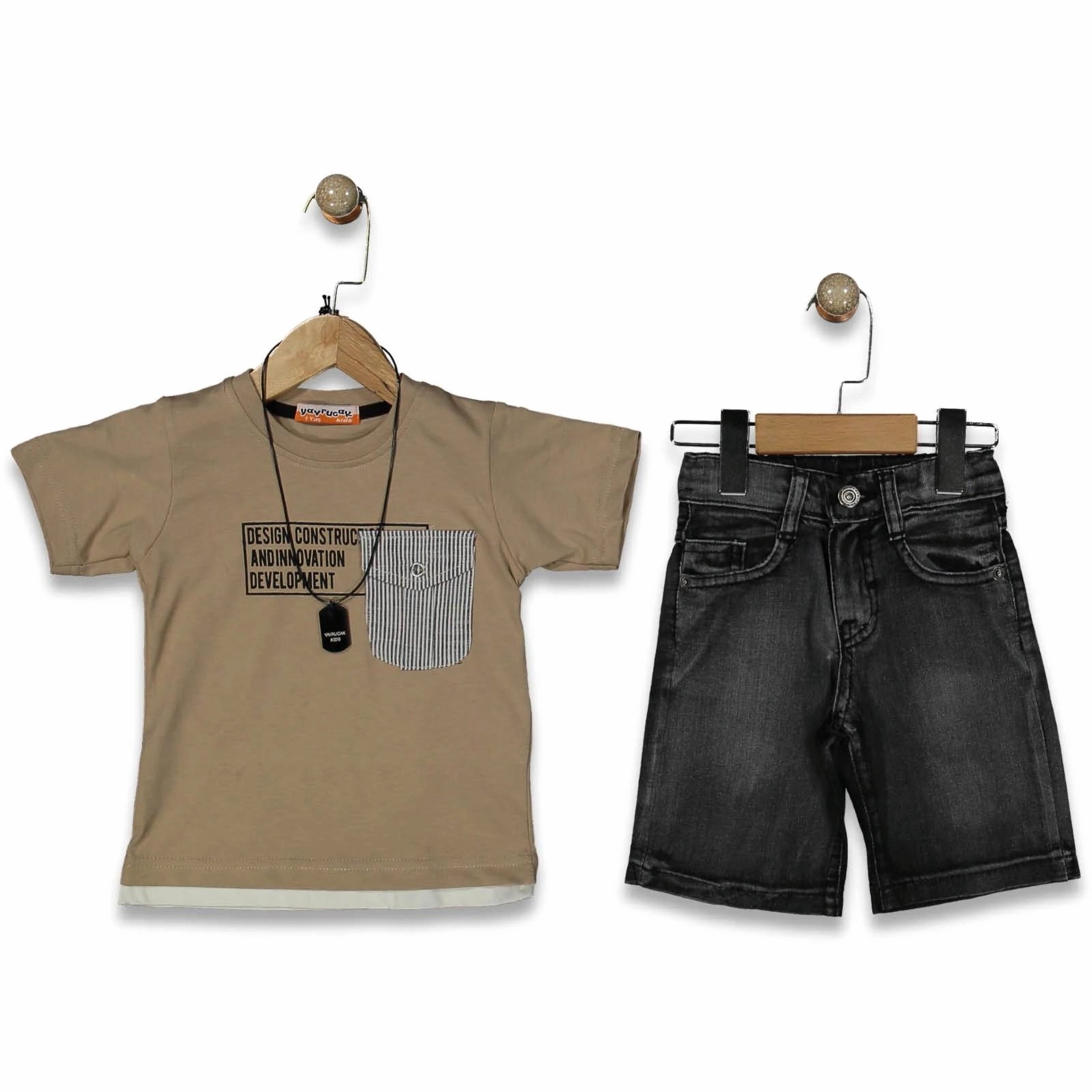 Boys' Graphic T-Shirt and Denim Shorts Two-Piece Summer Set - Brown (5-8 years)