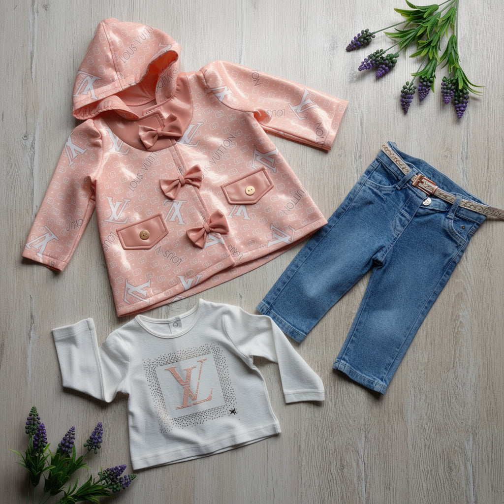 monogrammed hooded jacket with bows, a plain white long-sleeve shirt with a logo