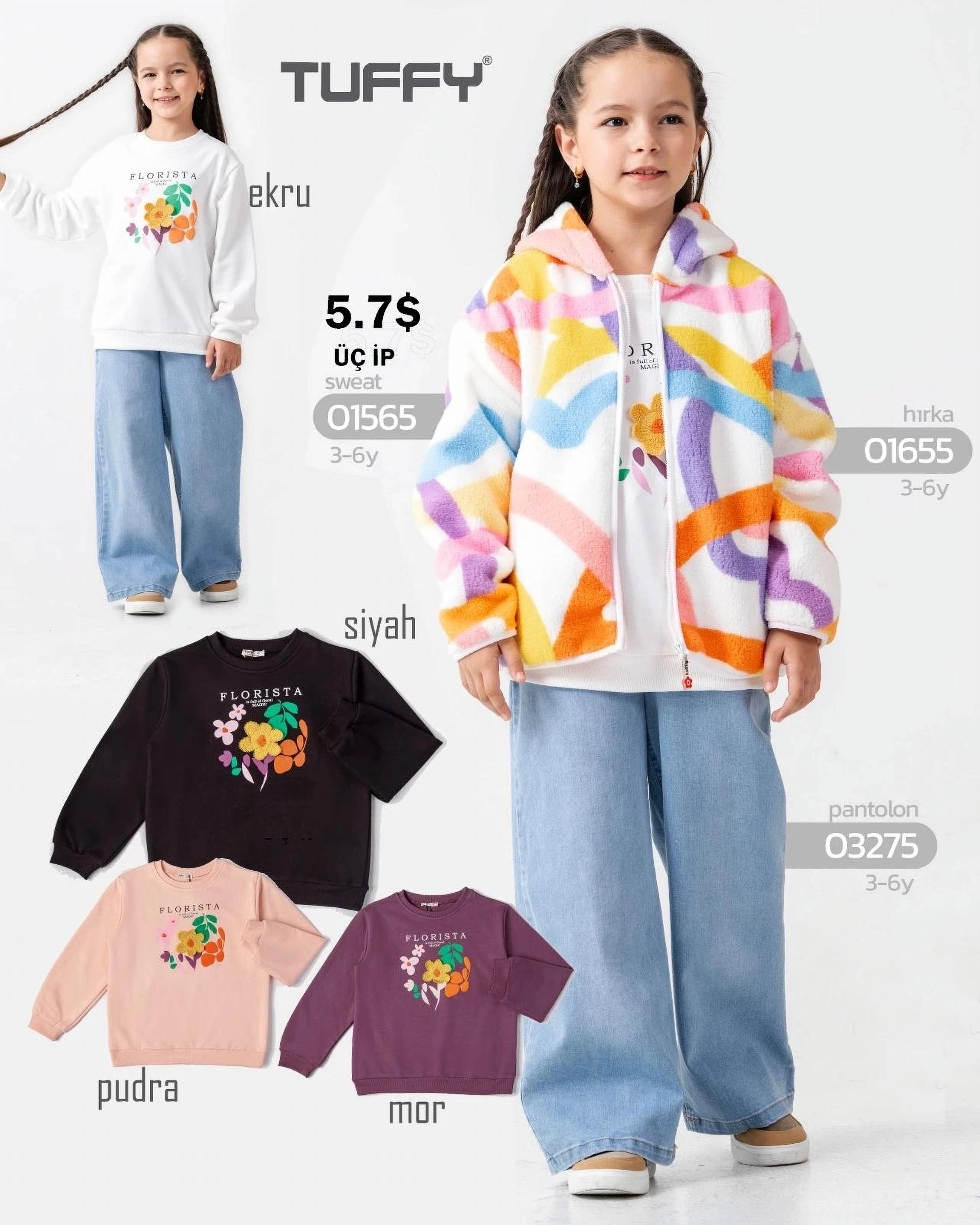 Tuffy "Florista" Kids' Long-Sleeve Sweatshirt Collection - Cream (3-6 years)